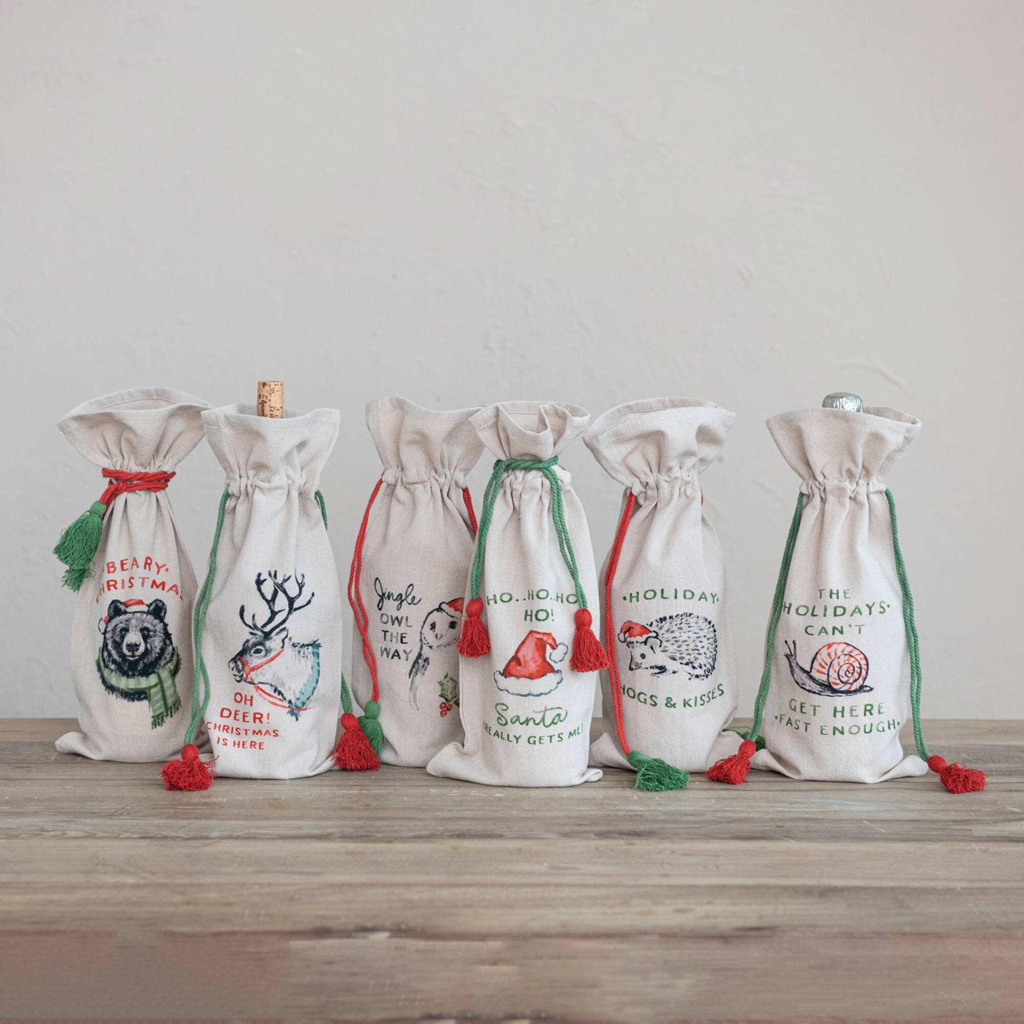 Hello Honey® 14" Cotton Chambray Printed Drawstring Wine Bag Set